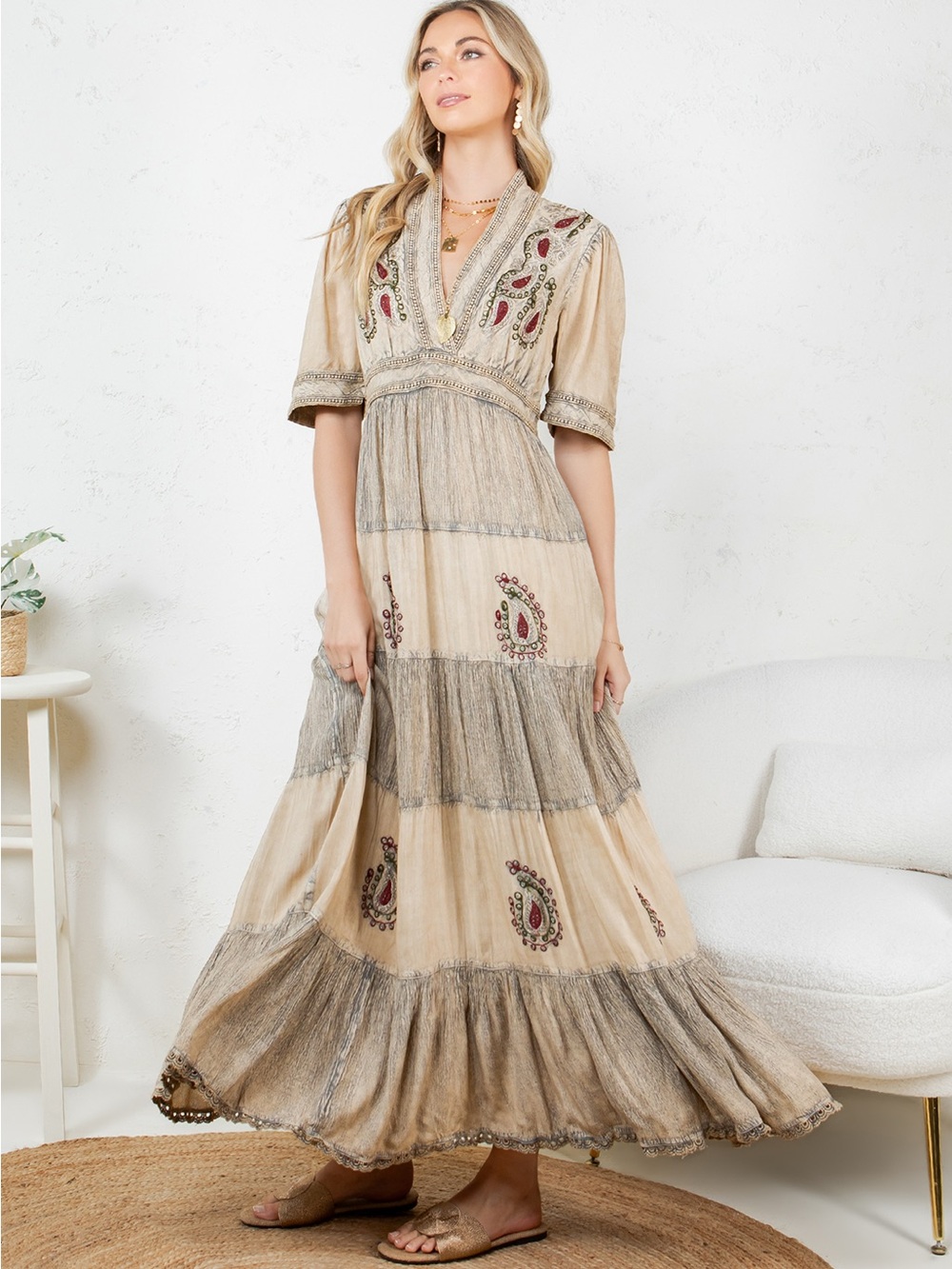 #24 New! Young Threads Embroidered Tiered Maxi Dress with Paisley - Picture 3 of 5